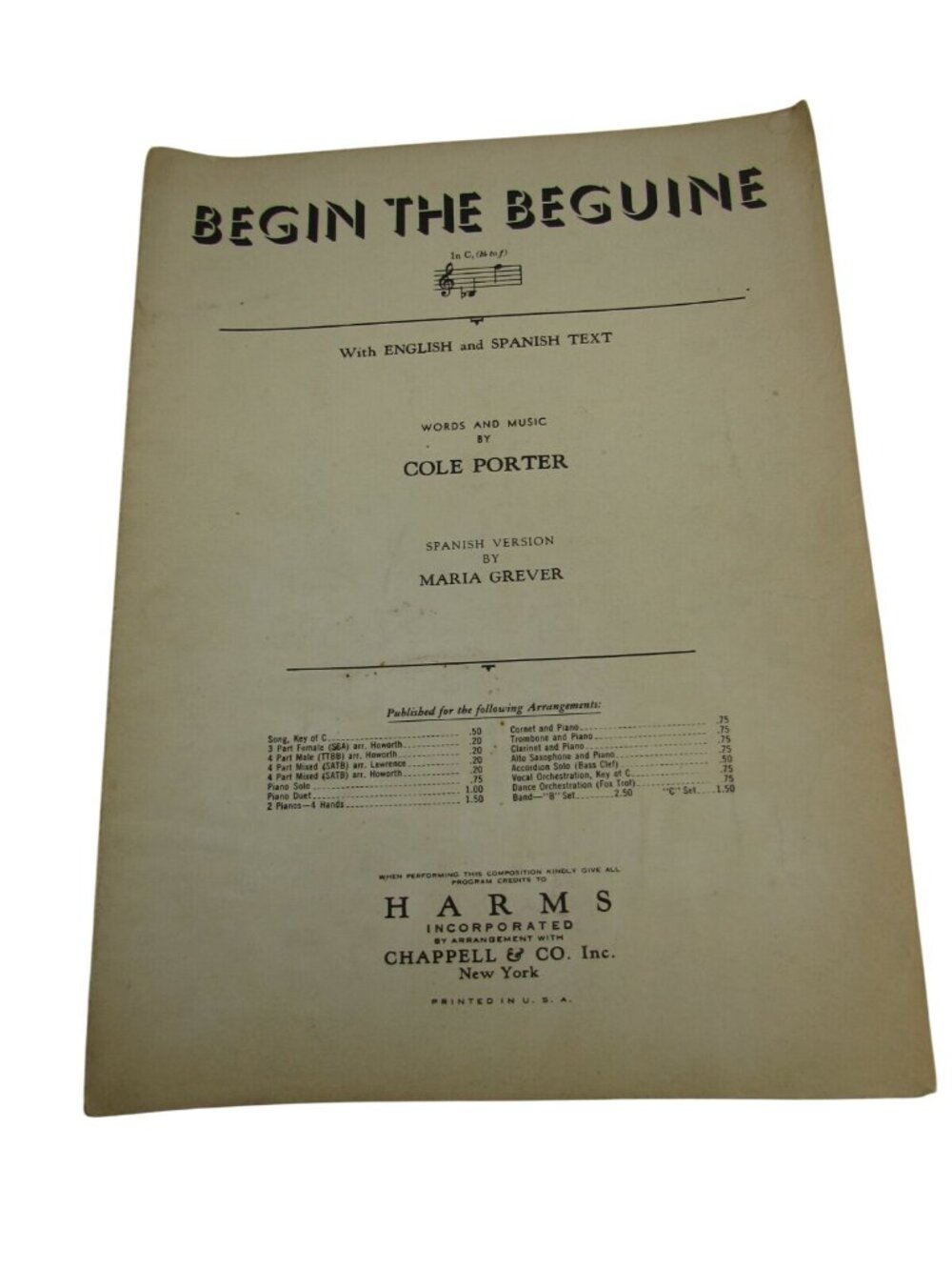 Begin the Beguine English & Spanish for Piano Sheet Music 34394 Vintage